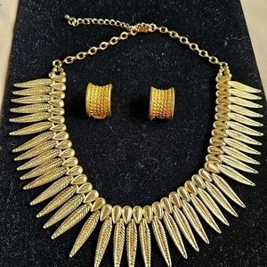 Vintage 80s Brutalist Gold-tone Feather Necklace with Separate Gold Earrings
